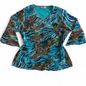 Y2K Graphic Top Vintage Sheer Woman’s, Size Medium, Blue, Peacock Feather